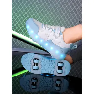 Boys' Walking Shoes, New Roller Skates, Teenage Inline Skates, PU Leather Four-Wheel Invisible Running Shoes, Shoes with Wheels