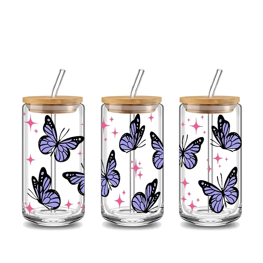 Fashion purple Butterfly Design Glass Tumbler with Lid & Straw, 16oz covered straw glass drinking cup, Cup With Lid And Straw, reusable glass drinking cup, glass jar design, suitable for iced coffee, beer, juice, glassware, Drinkware, Clear Water Tumblers