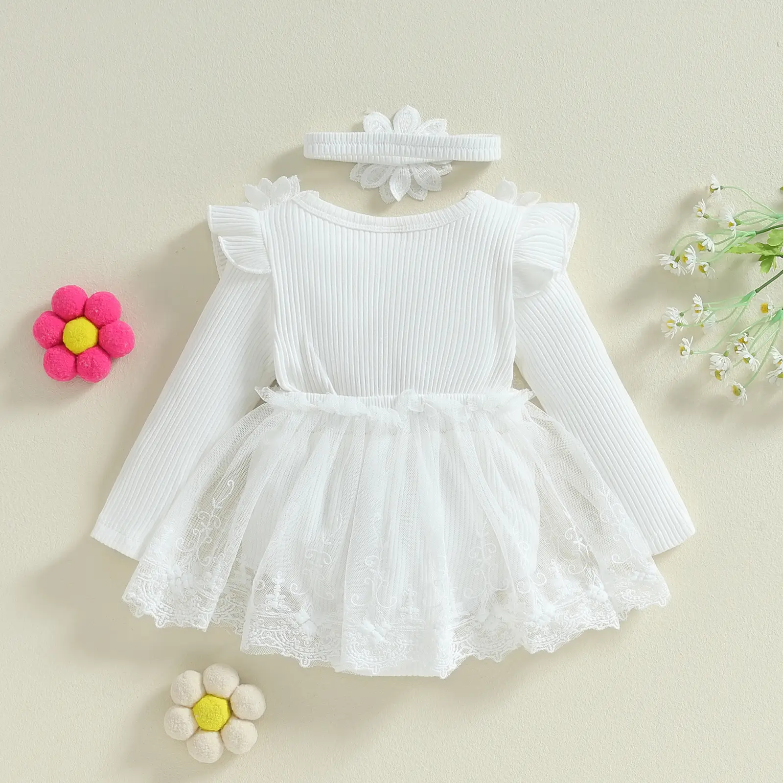 Infant Baby Girl Romper Dress Baby Dress Romper Flowers Lace Fall Winter  Festival Clothes with Headband - TikTok Shop