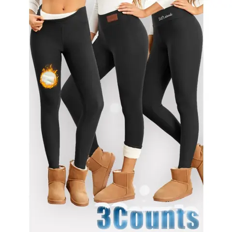 Women's High Waist Fleece-Lined Tummy Control Thickened Warming Stretch-Fit Leggings - 1-3 Counts Slim-Fit Highly Elastic Full-Length Sports Comfy Cold-Resistant Leggings for Yoga, Casual Outdoor Use, Tummy Control Legging