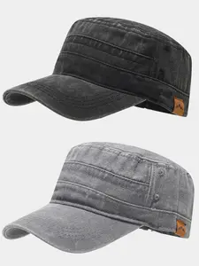 2Pack Unisex Cadet Army Cap Washed Casual Twill Military Corps Hat Flat Top Cap