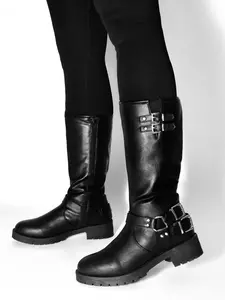 Wild Diva Women's Fashion Moto Harness Buckle Strap Mid-Calf Motorcycle Boots Women's Knee
