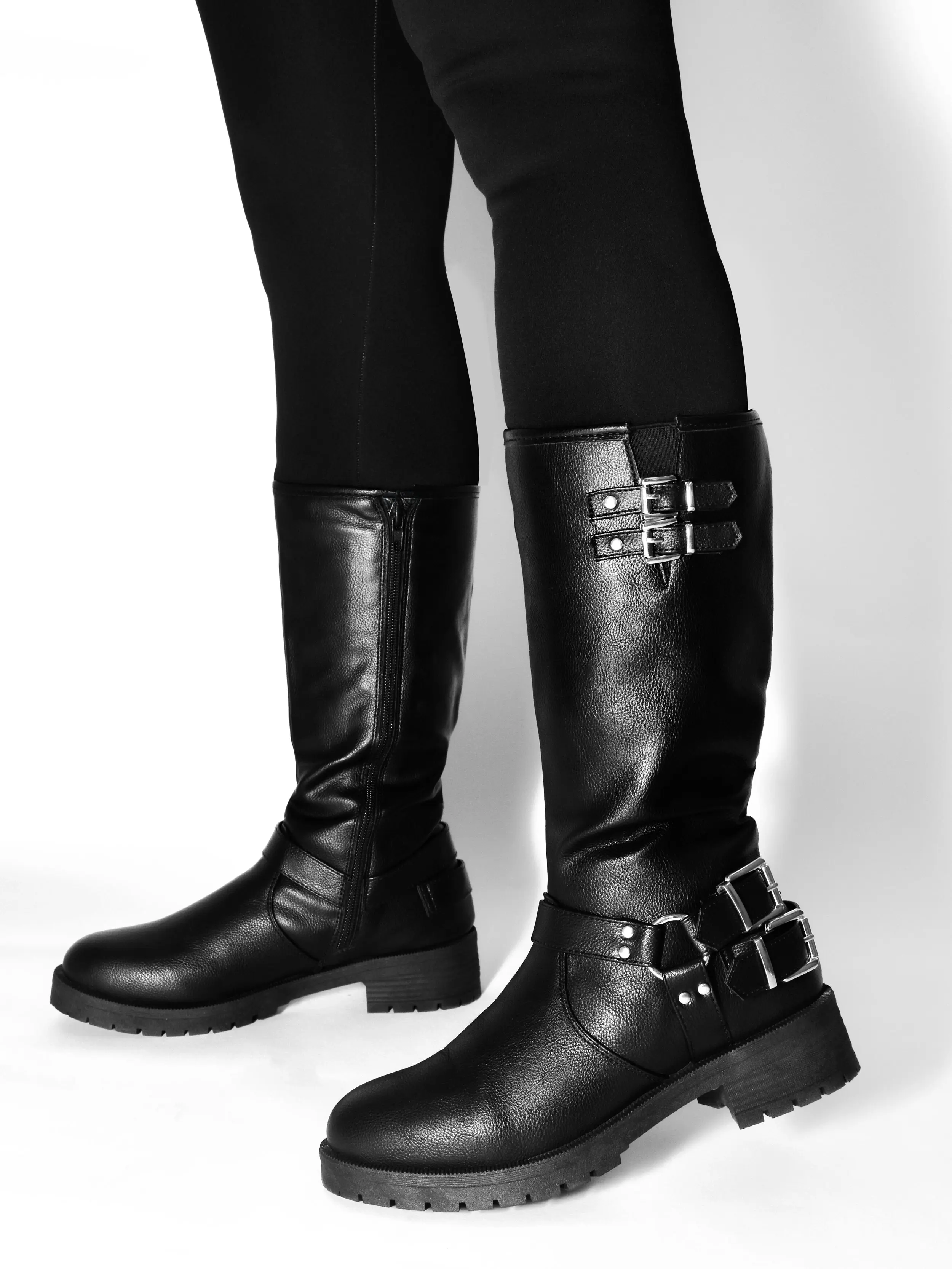 Wild Diva Women's Fashion Moto Harness Buckle Strap Mid-Calf Motorcycle Boots Women's Knee