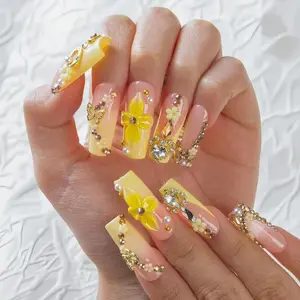 NailPopCo | Handmade Luxury Yellow Ombre Press On Nails 3D Gold Butterfly Flower Rhinestone Chain Decor Long Coffin Fake Nails Glitter Diamond Reusable Stick On Nails For Wedding Party Dating Women