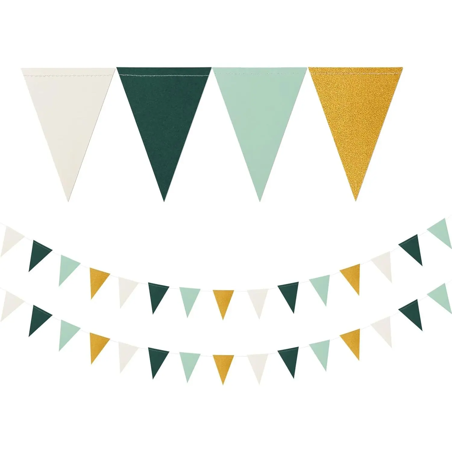 Sage Green Ivory Gold Pennant Banner 2 Pack Paper Triangle Flags Baby Bridal Shower Safari Jungle Birthday Tropical Party Decorations Wedding Bachelorette Engagement Bunting