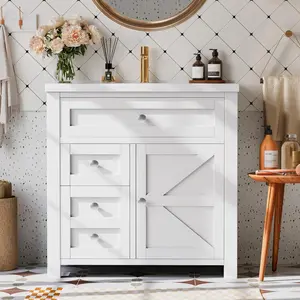 30 Inch Modern Bathroom Vanity with Integrated Sink, Wooden Pedestal Cabinet with Drawer and Large Storage Space, Practical Wash Basin Furniture for Daily Bathroom Use
