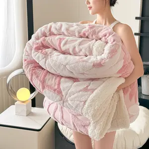 Double-Layer Thick Woven Blanket, Floral Pattern, Hollow Design, Dual Skin Feel, Multiple Colors, Bed Sofa Travel Camping Throw, Warm Blanket
