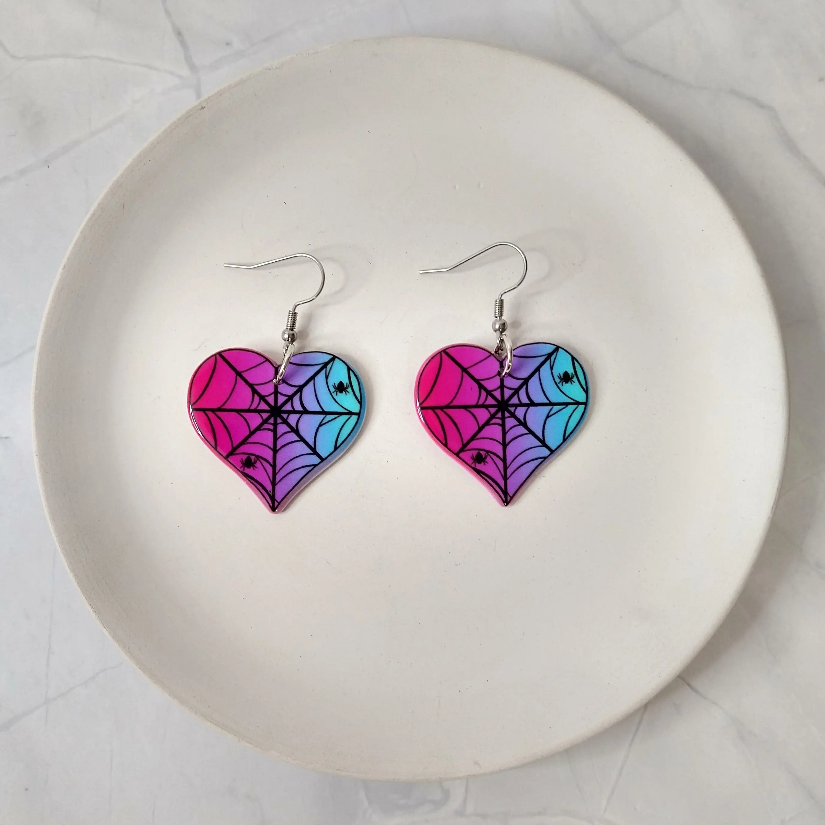 #520 Pink, Purple & Blue Gradient Heart with Spiders & Web Earrings- Stainless Steel Hooks- Casual Halloween Jewelry