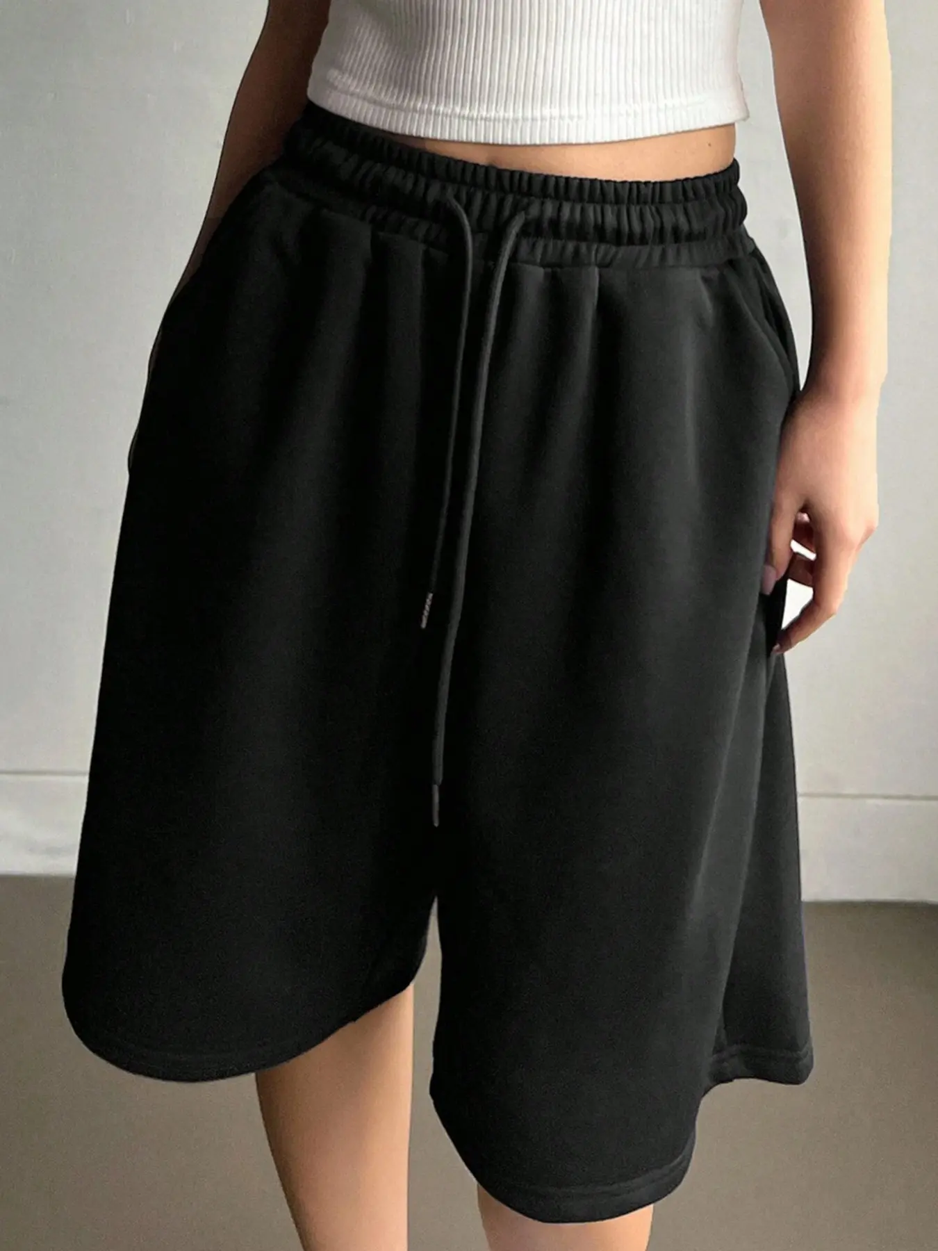 Trending Oversized Bermuda Shorts for Women, Soft French Terry Fabric, Elastic Drawstring Waist, Knee-Length Relaxed Fit, Casual Streetwear & Loungewear, Y2K Style, Versatile Daily Wear, Womenswear