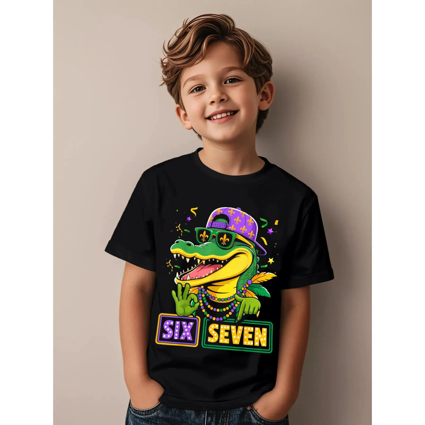 Kid's Mardi Gras 67 Mardigator Alligator Funny Bruh Graphic T-Shirt - Casual, Trendy Cool Tops for Boys