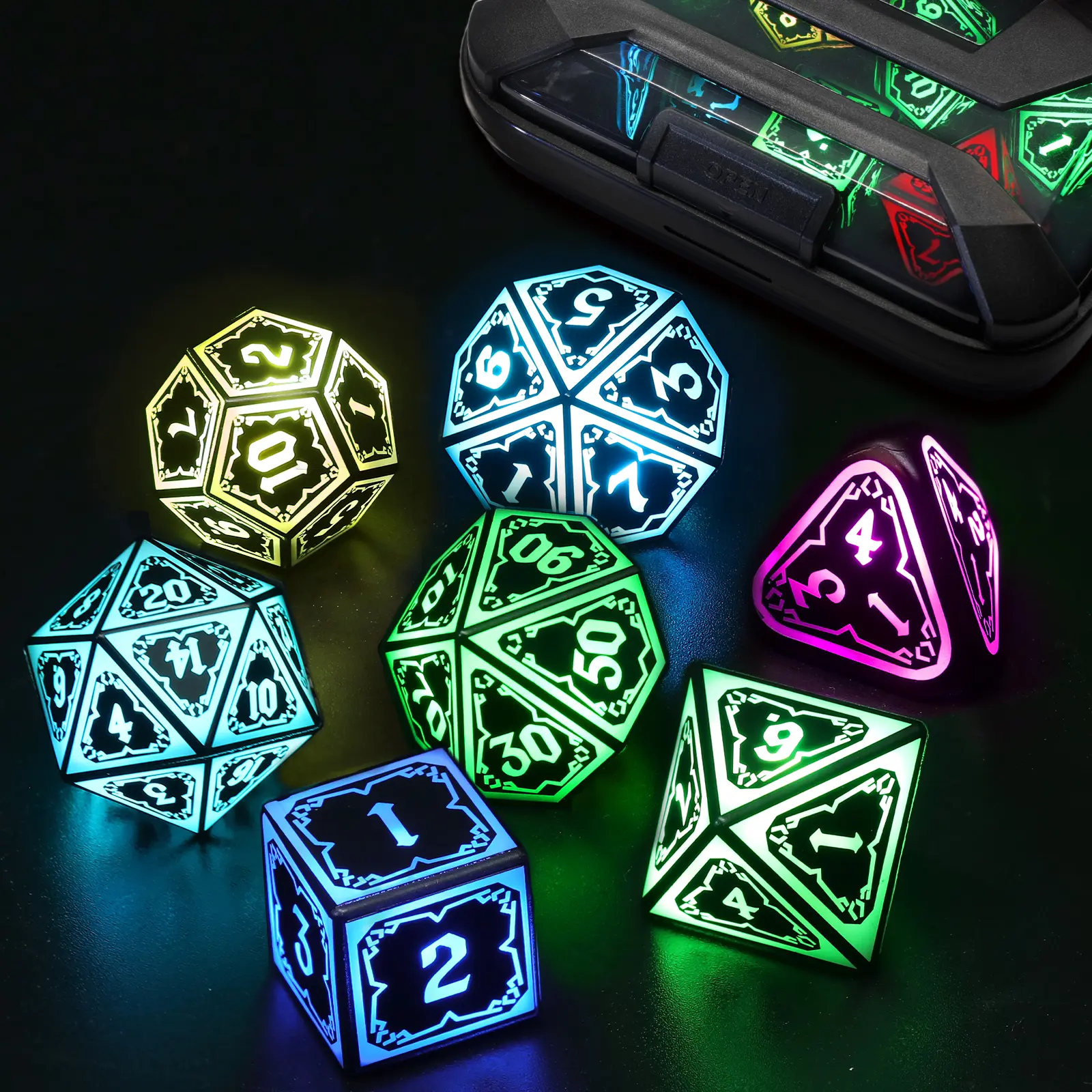 FONVGOGO Wireless RGB Light-Up Polyhedral Dice Set with Numbered Controllers - Rechargeable 7-Color LED, Charging Box for Dungeons & Dragons (D&D) RPG Game Gifts