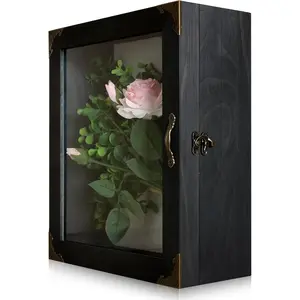Shadow Box Frame 11x13, Depth 5in Shadow Boxes Display, Acrylic Door, Rustic Burnt Wood, Vintage Accents, Hinged Door, Handle and Latch, Back