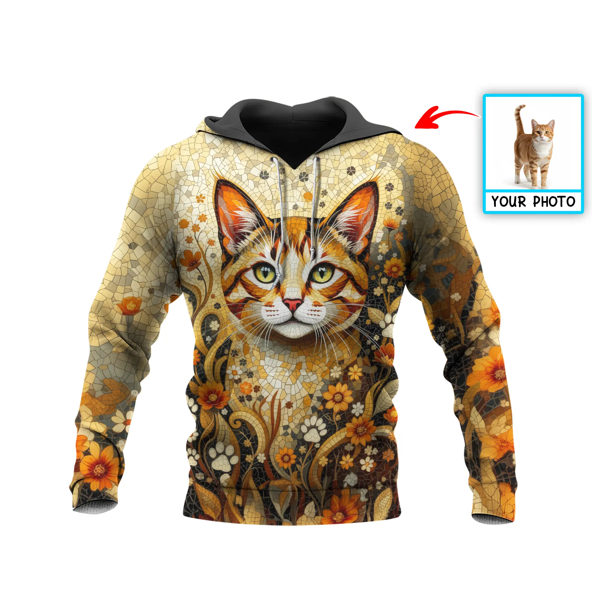 Custom Cat Mosaic Art Hoodie – Personalized Pet Photo Hoodie, Custom Pet Portrait Sweater, Gift for Cat Lovers, Custom Cat Clothing