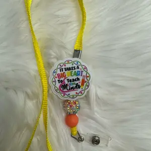 It Takes a Big Heart to Teach Little Minds Badge Reel Lanyard with Colorful Beads and Yellow Cord