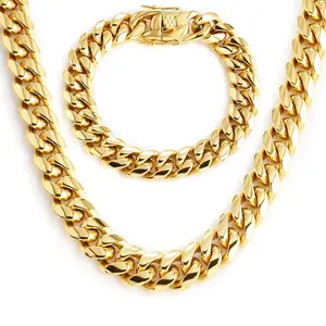 18K Gold Miami Cuban Chain & Bracelet Set for Men 14mm Stainless Steel Hiphop Necklace 16/18/20/24/30" + Bracelet 7.5/8.5" Kit with Classical Brass Clasp