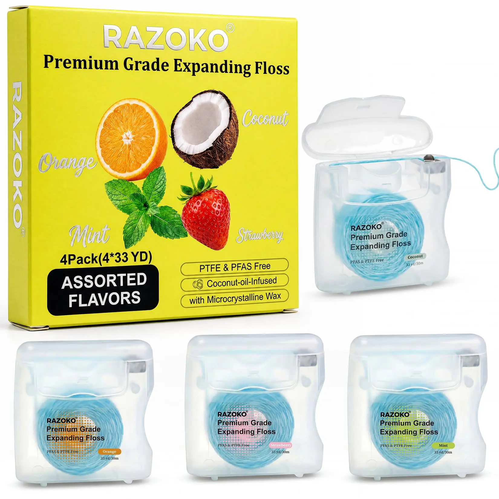 Expanding Woven Dental Floss, 4-Pack Multi-Flavour, Coconut Oil Infused  Mint, Strawberry, Orange & Coconut, Soft Expanding Fibres, PFAS & PTFE-Free, Gentle on Gums, 4 Dispensers, 33 Yds, 132 Yds