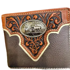 Praying Cowboy Western wallet genuine leather short bi-fold concho and embossed leather with religious theme.