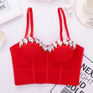 Tank Tops Short Hand-Stitched Acrylic Drill Glisten Semi-Sheer Mesh Yarn Fishbone High Quality Corset Summer Rave Outfits Woman Bra Blusas Clothing Nightclub Sling Wedding Party Blind Date Stage Party Shaper Ladies Crop Shirt Tube Top Vest Sexy Clothes