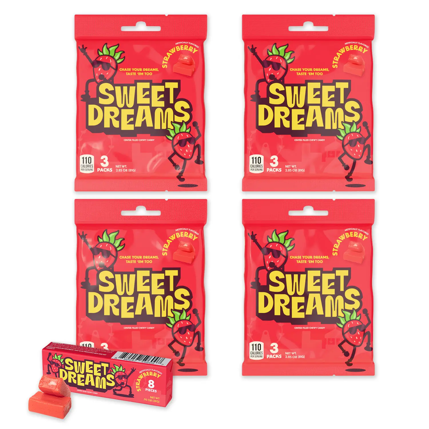 Sweet Dreams Center Filled Soft Chewy Candy Individually Wrapped, Gluten-Free Candies, Bulk Fruit Chews - Strawberry Flavor, 3 Sticks Per Bag, 8 Pieces Per Stick