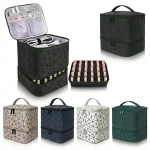 Double Layer Quilted Look Nail Polish Organizer Bag - PU Leather, Dual Zips, Multi-Compartment Portable Women's Manicure Tool Storage Case with Top Handle, Cosmetic Travel Pouch (Bag Only) tiktokshopspringglowup