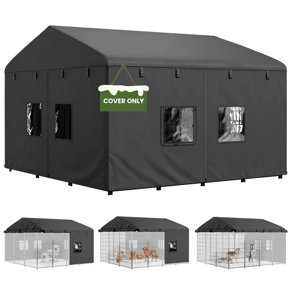 PETCOZIFE Outdoor Dog Kennel Cover Full Coverage (Kennel not Included) for 10'Dx10'Wx6'H Dog Cages, Heavy Duty Waterproof Large Dog Kennel Cover, Black