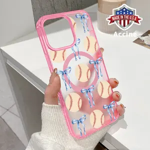 Ribbon and Baseball Pattern Magnetic Phone Case for iPhone 16 15 14 Pro Max 13 12 11 XR XS E Plus Shockproof Lightweight Transparent Protective Soft Cover Supports Wireless Charging