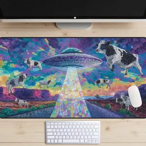 Psychedelic Cow Abduction Desk Mat, Trippy UFO Alien XL Gaming Mat, Surreal Maximalist Sci-Fi Mouse Pad, Vibrant Neon Desert Office Decor