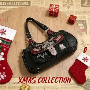 Rivet Belt Punk Y2K Leather Shoulder Bag for Women Guitar Star Dark Grunge Goth Bag from the 2000s Streetwear Handbag with Rivet Belt Straps XMAS COLLECTION
