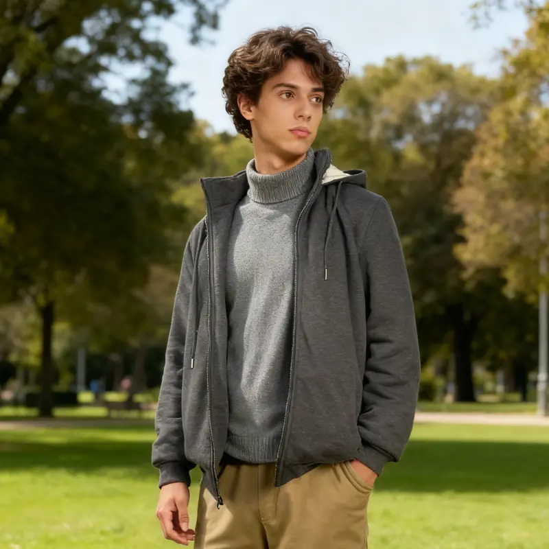 COOFANDY Men's Black Long Sleeve Hooded Full-Zip Casual Coat with Drawstring Hood, Menswear Tops, Outdoor Wear