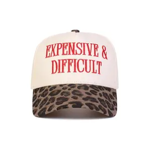 Funny "Expensive & Difficult" Leopard Trucker Hat | Bold Red Embroidery Adjustable Snapback for Women game day mom life