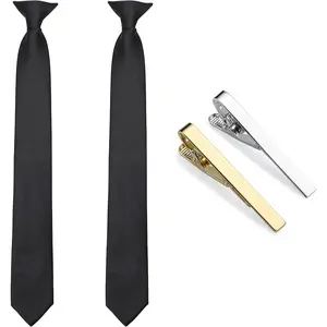 Clip on Ties for Men, 2 Pcs Black Clip on Tie & Tie Clips Set, 20 Inches Premium Solid Color Clip Ties for Men neck  ties Fathersdaygift Casual Hangout Durable Versatile Business Meeting Special Event