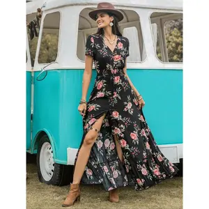 Women’s printed button-front slit thigh dress, V-neck short-sleeved shirt, waist-pleated long-sleeve dress, women’s summer outfit GARMENTARY