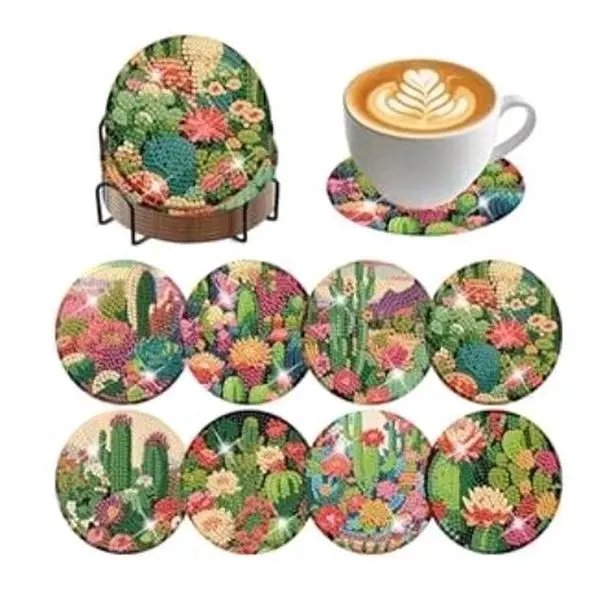Catus Coasters - Set of 8 Vibrant Cactus Design Drink Coasters for Tabletop Protection and Decor