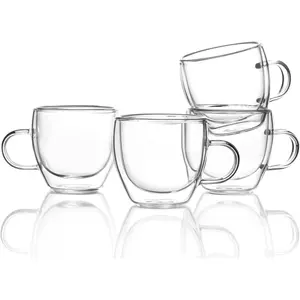 Double Wall Glass Coffee Mugs Set of 4-6 OZ Insulated Coffee Cups - Clear Glass Drinkware with Handle for Double Espresso, Cappuccino, Latte, Hot/Cold Beverages