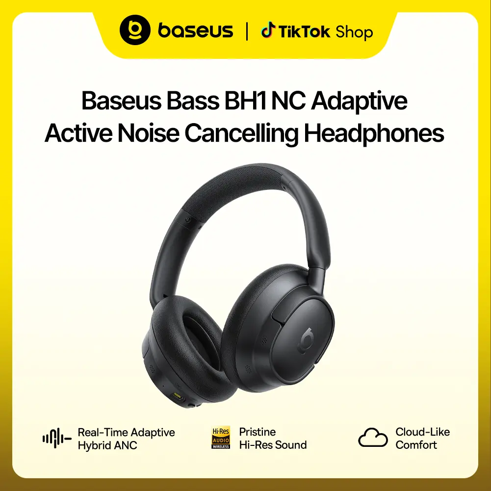 Baseus Bass BH1 NC Adaptive Active Noise Cancelling Headphones, Real-Time Adaptive Hybrid ANC, SuperBass 2.0, LDAC Hi-Res Sound, 80H Playtime, 5-Mic AI Clear Calls, Comfortable Fit, Bluetooth 6.0