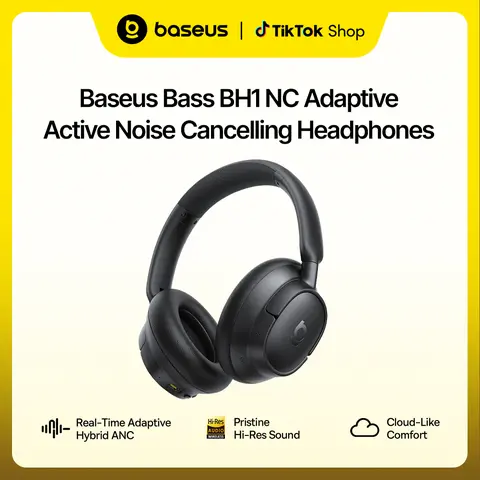 Baseus Bass BH1 NC Adaptive Active Noise Cancelling Headphones, Real-Time Adaptive Hybrid ANC, SuperBass 2.0, LDAC Hi-Res Sound, 80H Playtime, 5-Mic AI Clear Calls, Comfortable Fit, Bluetooth 6.0