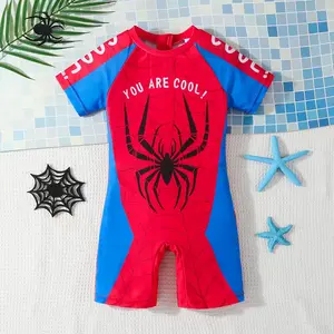 Boys 3-8 Years Old Spider Pattern Red One-Piece Swimsuit Short-Sleeved Back Zipper Beach Pool Party Swimsuit