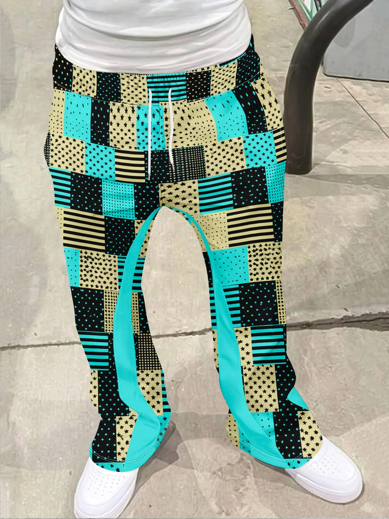 Men's Vintage Dj Print Loose Flare Pants, Drawstring Sporty Long Pants, 3D Soft Breathable Fabric, Casual Fashion for All Seasons, Casual Flare Leg, Casual Street Pants, Casual Wear Bottoms, Casual Streetwear Trousers