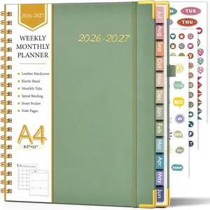 2026-2027 Hardcover Leather Weekly and Monthly Calendar Planner, from July 2026 to June 2027, A4 8.5" x 11" Daily Agenda with Tabs, College School Organizer for Student Teacher, Green