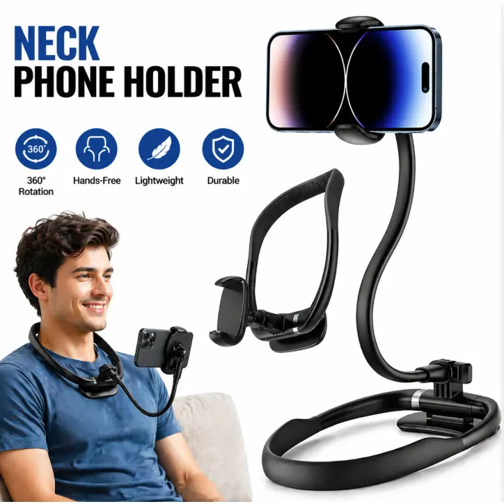 Neck-hanging phone holder, hands-free gooseneck phone stand for bed, flexible lazy holder, for selfies and videos, universal multifunctional phone stand compatible with 4.7-6.7 inch phones, Adjustable phone stand, Cell phone clip