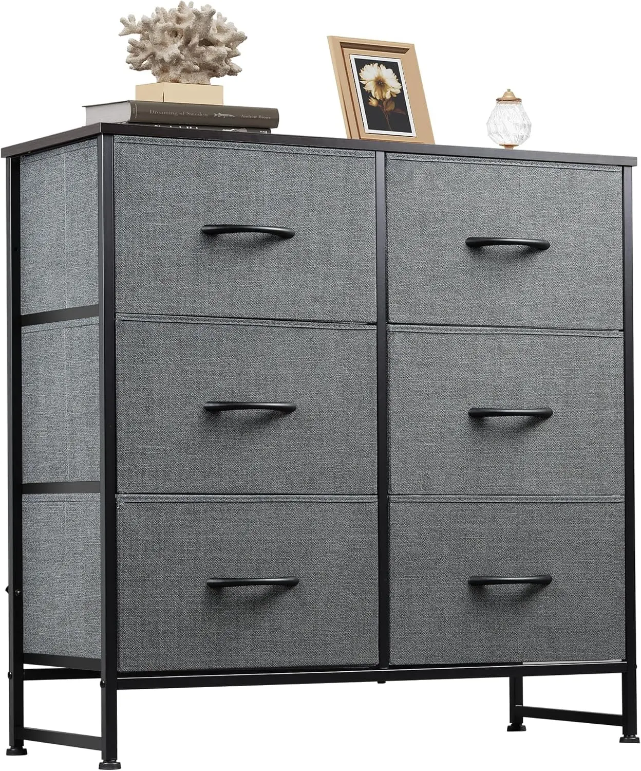 Fabric Dresser for Bedroom, 6 Drawer Double Dresser, Storage Tower with Fabric Bins, Chest of Drawers for Closet, Living Room, Hallway, Dark Grey