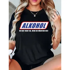 Women’s Black T-Shirt with Bold “ALKOHOL” Graphic & German Slogan, Ideal for Oktoberfest, Parties & Casual Occasions