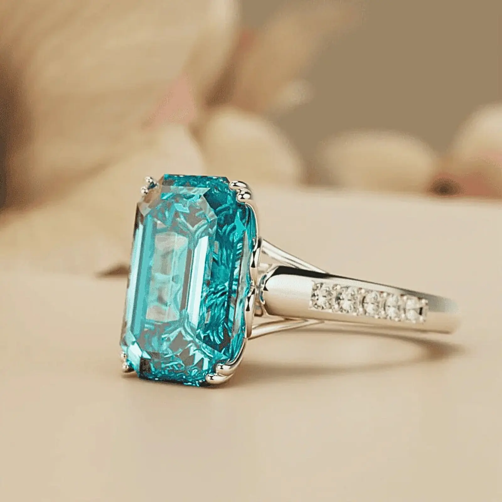 Women's Luxury European-American Style Blue Rectangular Metal-Coated Statement Ring, Ideal for Engagement Gifting to Female Friends