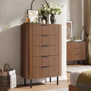 ONBRILL Fluted Dresser for Bedroom with 5 Drawers, 32 inch Chest of Drawers, Mid Century Modern Tall Dressers with Curved Profile Design for Closet, Wood TV Stand for Living Room, Hallway