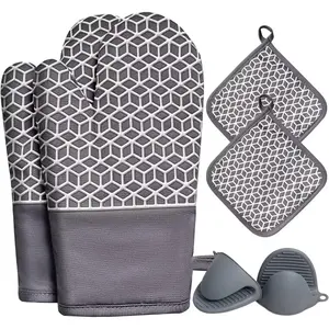 Oven Mitts and Pot Holders Set of 6 Pcs, Thick Cotton Oven Gloves, High Heat Resistant up to 500℉, with Extra Long Oven Mitts and Hot Pads, Potholders with Non-Slip Silicone Surface for Cooking and Baking