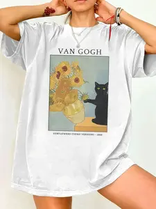 Vangogh Sunflower Cat Print T-Shirt, Art Meme Fun Graphic Pattern, Oversized Loose Fit, Soft Silk Fabric, Casual Home Wear, Vintage Style, Womenswear