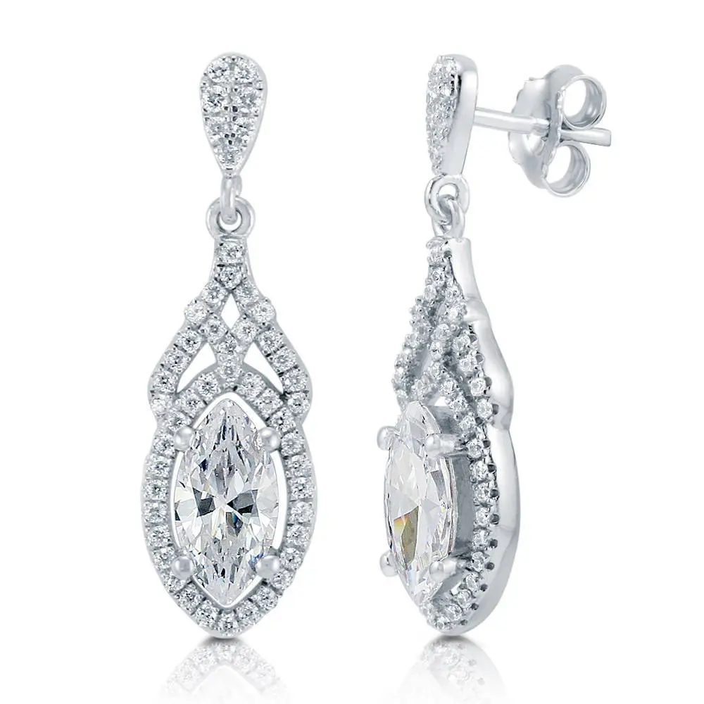 BERRICLE Sterling Silver Halo Art Deco Drop Dangle Earrings for Women, Marquise Cut Cubic Zirconia CZ, Color (Clear, Ruby, Sapphire)