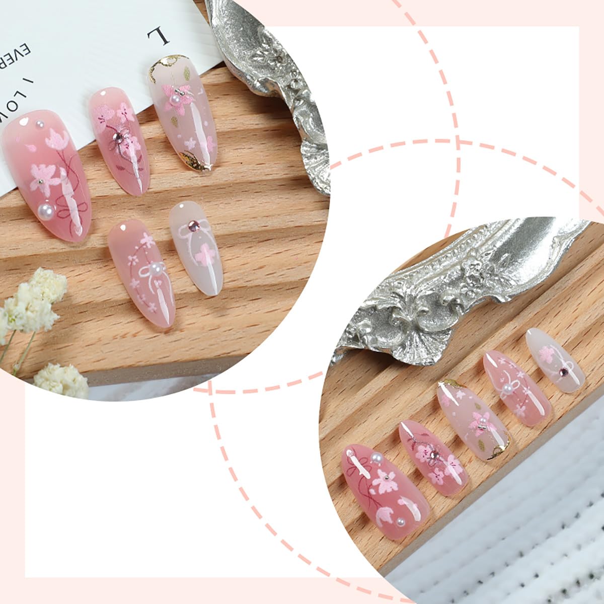 30Pcs Pink Flower Press on Nails Medium Almond Fake Nails Peach Blossom with 3D Rhinestones Pearl Gold Glitter Design Artificial Cute Cat Nails Stick on Nails Spring False Nails for Women Acrylic Nail