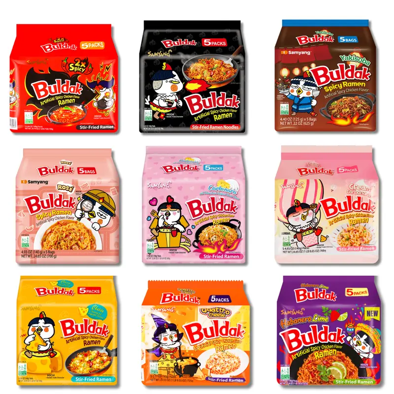 Samyang Buldak Korean Instant Ramen Variety Pack - 5-Pack Assorted Flavors: Carbonara, Hot Chicken, 2x Spicy, Habanero Lime, Yakisoba, Cheesy Blends | Cheesy Ramen, Asian Food Snacks, Pantry Food