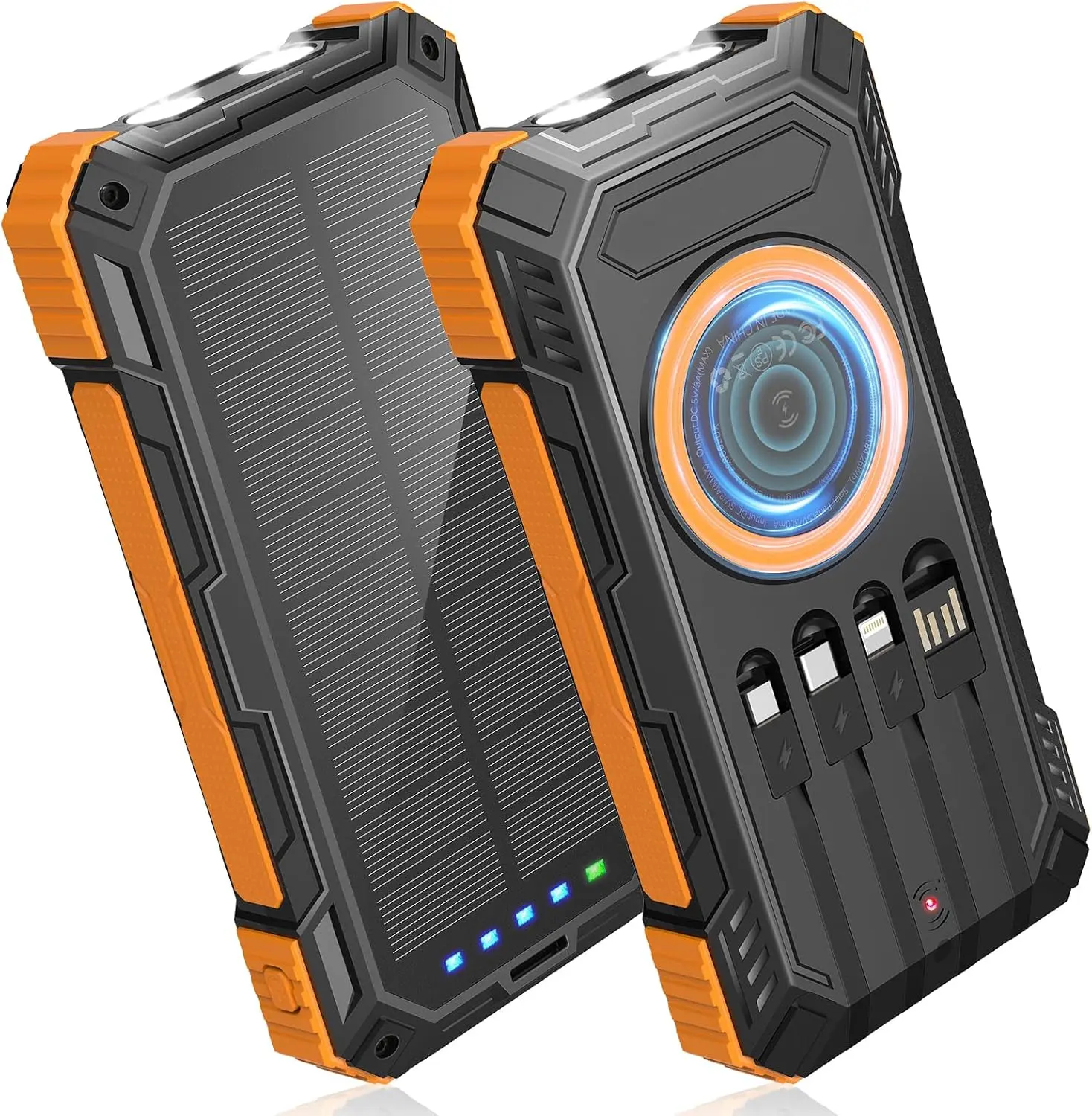 Power Bank Wireless Charger 36800mAh Built in 4 Cables Six Outputs 15W Fast Charging Power Bank for All Mobile Devices Three Inputs Solar Portable Charger with Dual Flashlights, Carabiner